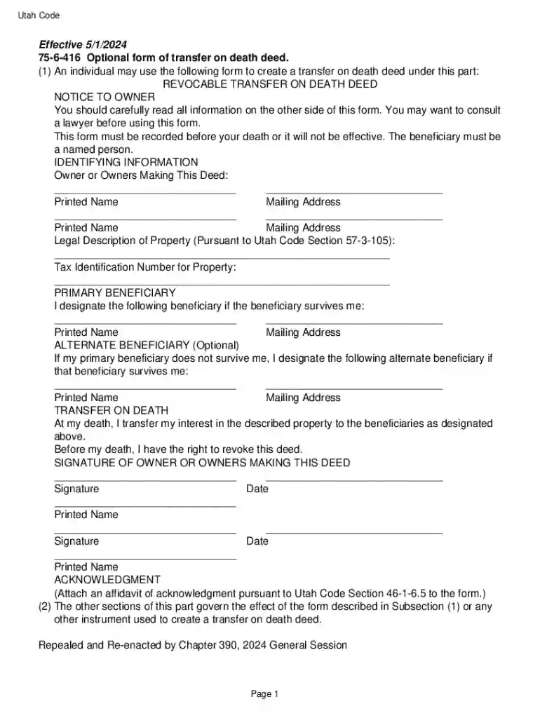 Utah Transfer on Death Deed Form Preview on Page 1