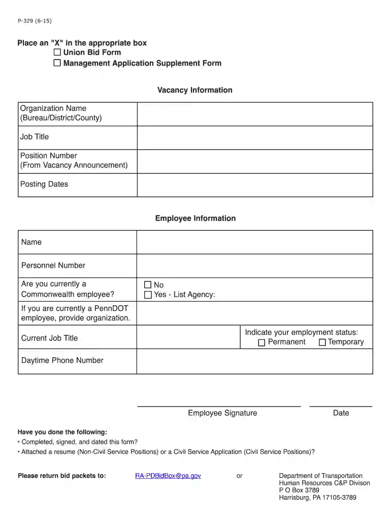 Union Bid Form/Management Application Supplement Form (P-329) Preview on Page 1