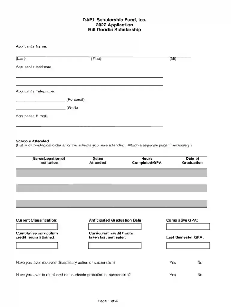 Bill Goodin Scholarship Application Preview on Page 1