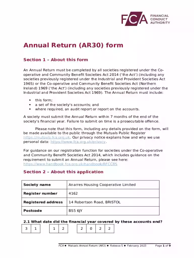 Mutual Societies Annual Return Form (AR30) For Preview on Page 1