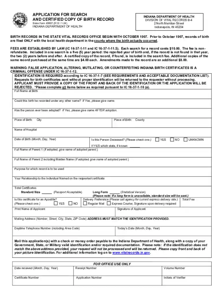 State - Form - 49607 Application Birth CertificatePDF Preview on Page 1