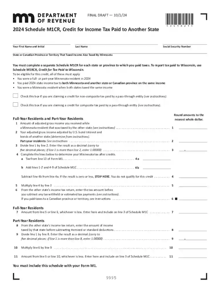 2024 M1CR, Credit for Income Tax Paid to Another State 2024 M1CR, Credit for Income Tax Paid to Anot Preview on Page 1
