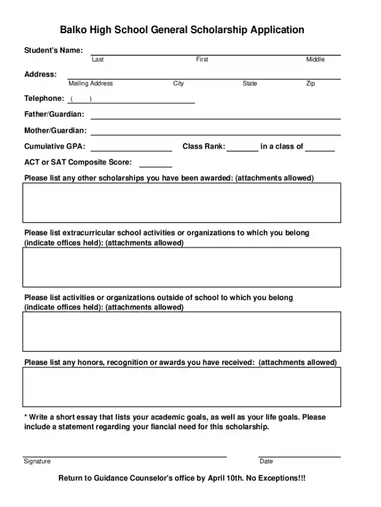 General Scholarship Application - Fill Online, Printable Preview on Page 1