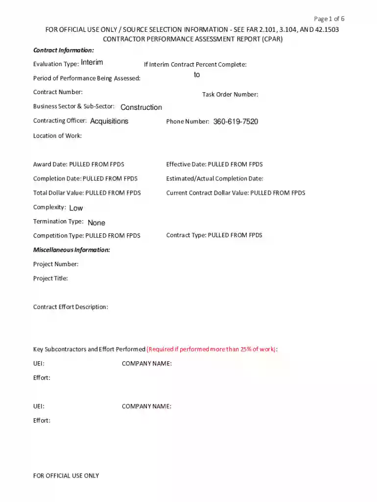 CPARS Construction Evaluation Form Contractor Preview on Page 1