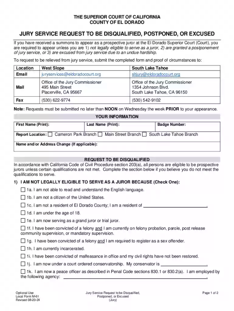 JURY SERVICE REQUEST TO BE DISQUALIFIED, POSTPONED, OR EXCUSED Preview on Page 1