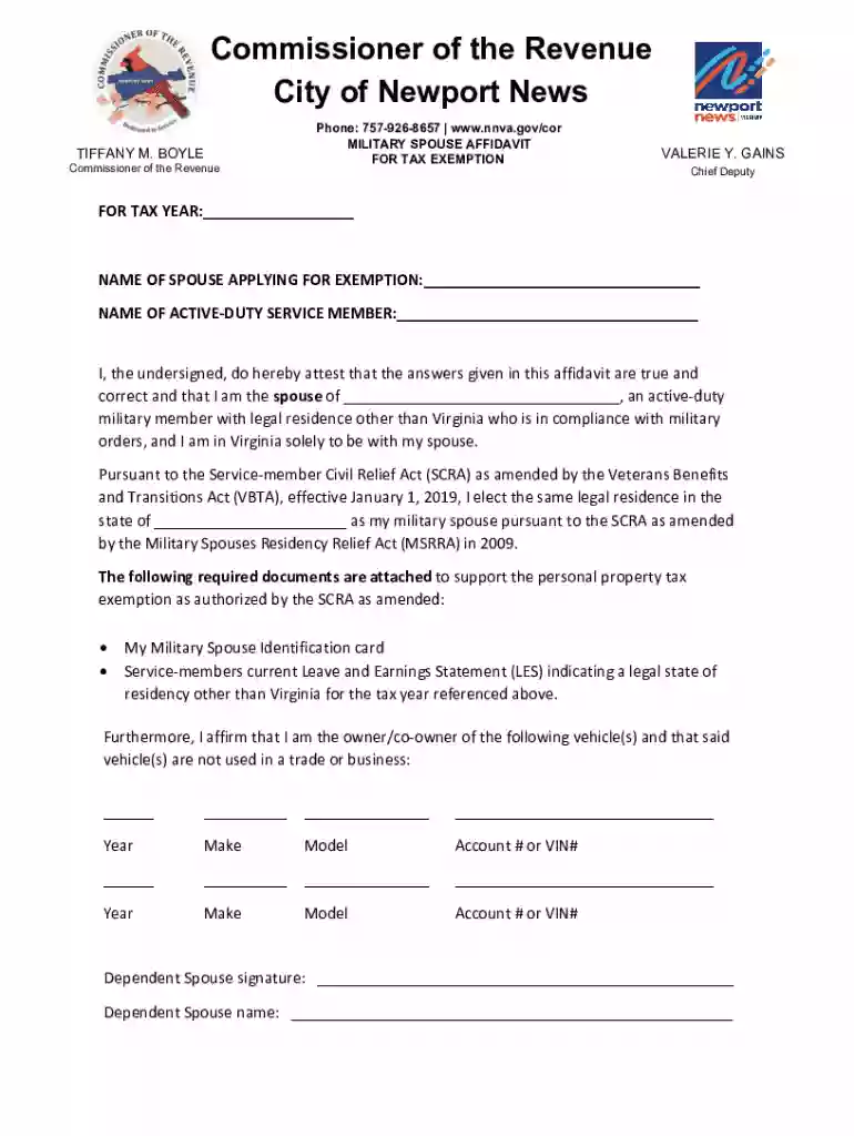 Form: Military Spouse Residency Affidavit for Tax Exemption Preview on Page 1