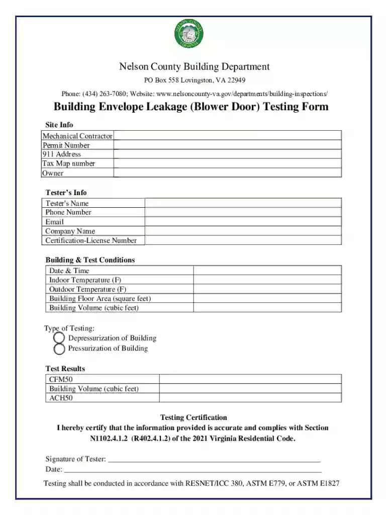 Building Envelope Leakage Testing Form Preview on Page 1