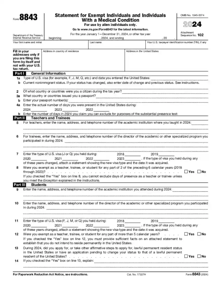 form 8843 Preview on Page 1