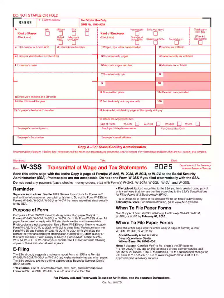 2025 Form W-3SS Transmittal of Wage and Tax Statements Preview on Page 1