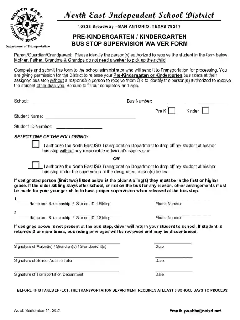 NEISD BUS STOP SUPERVISION WAIVER FORM Preview on Page 1
