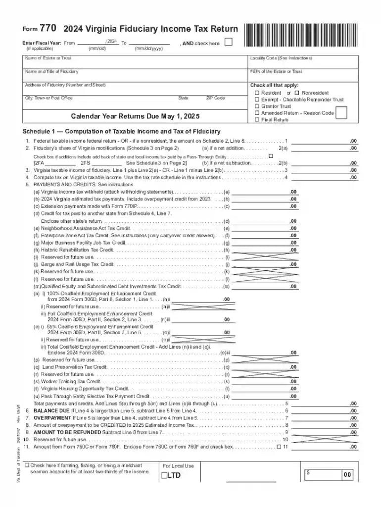 Virginia Fiduciary Income Tax Return 2024 Preview on Page 1