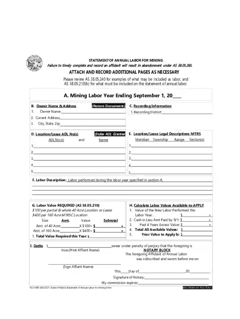 Alaska Statement of Annual Labor for Mining Preview on Page 1