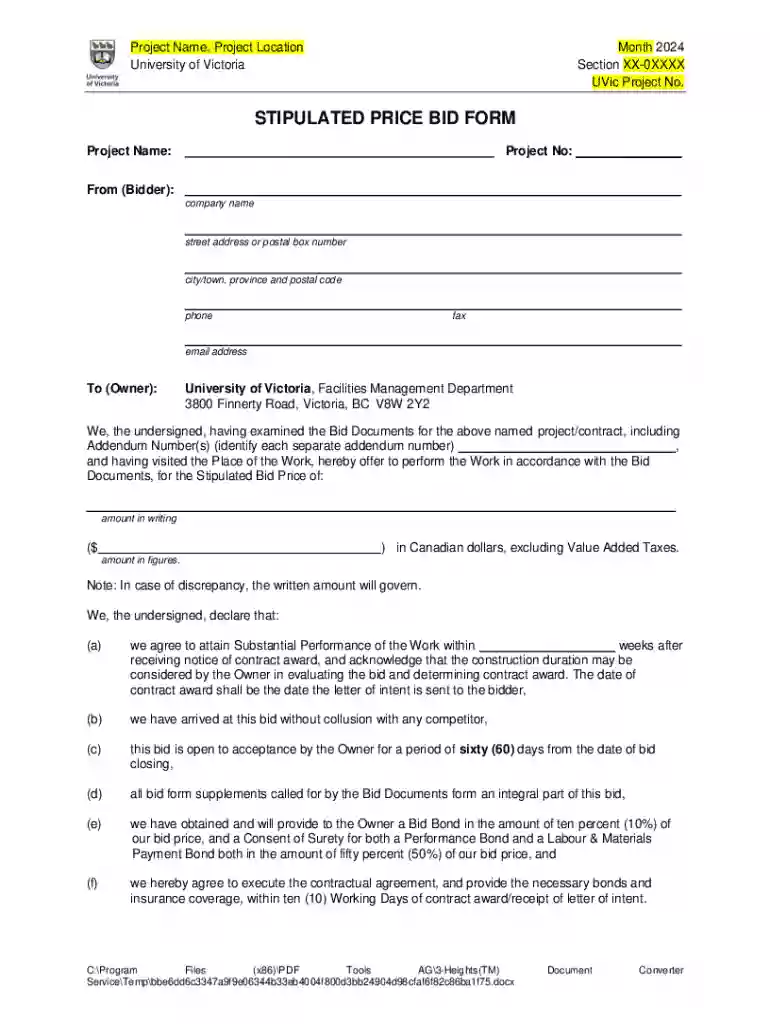 CCDC Model Bid Form for Stipulated Price Contract Preview on Page 1