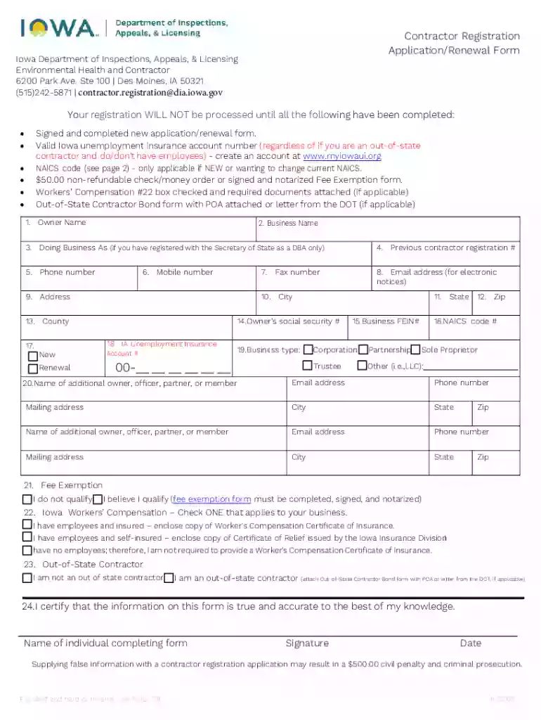 Contractor Registration Application and Renewal Form Preview on Page 1