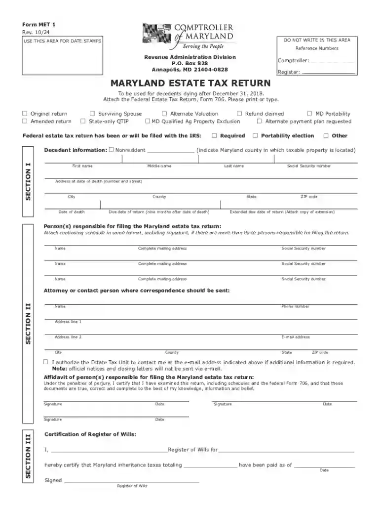 Maryland Estate Tax Return Preview on Page 1