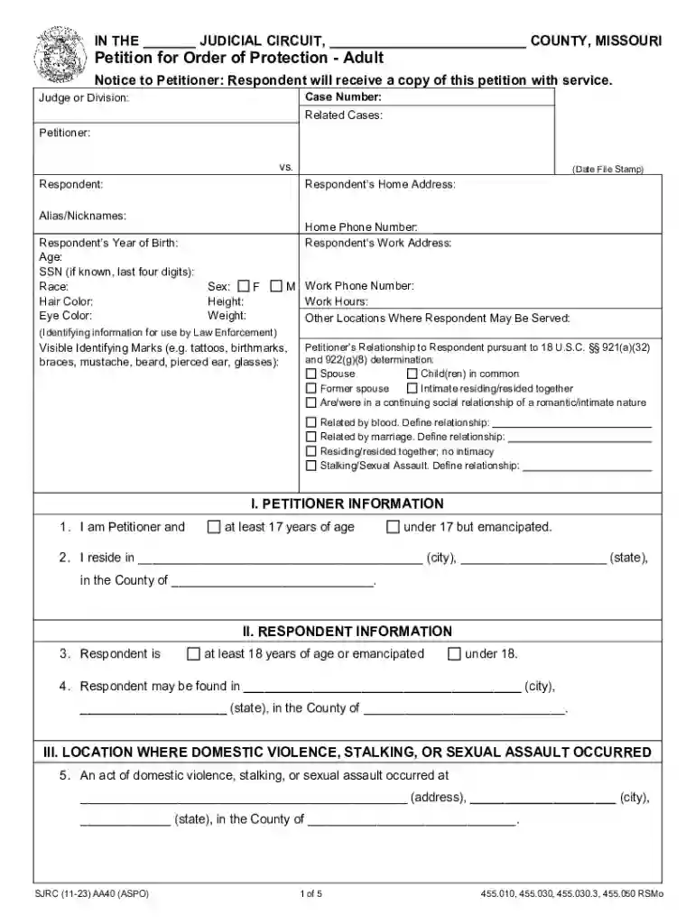 Petition for Order of Protection - Adult (AA40) Preview on Page 1