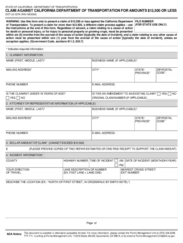 DOT LD-0274: Claim Against California Department of Preview on Page 1