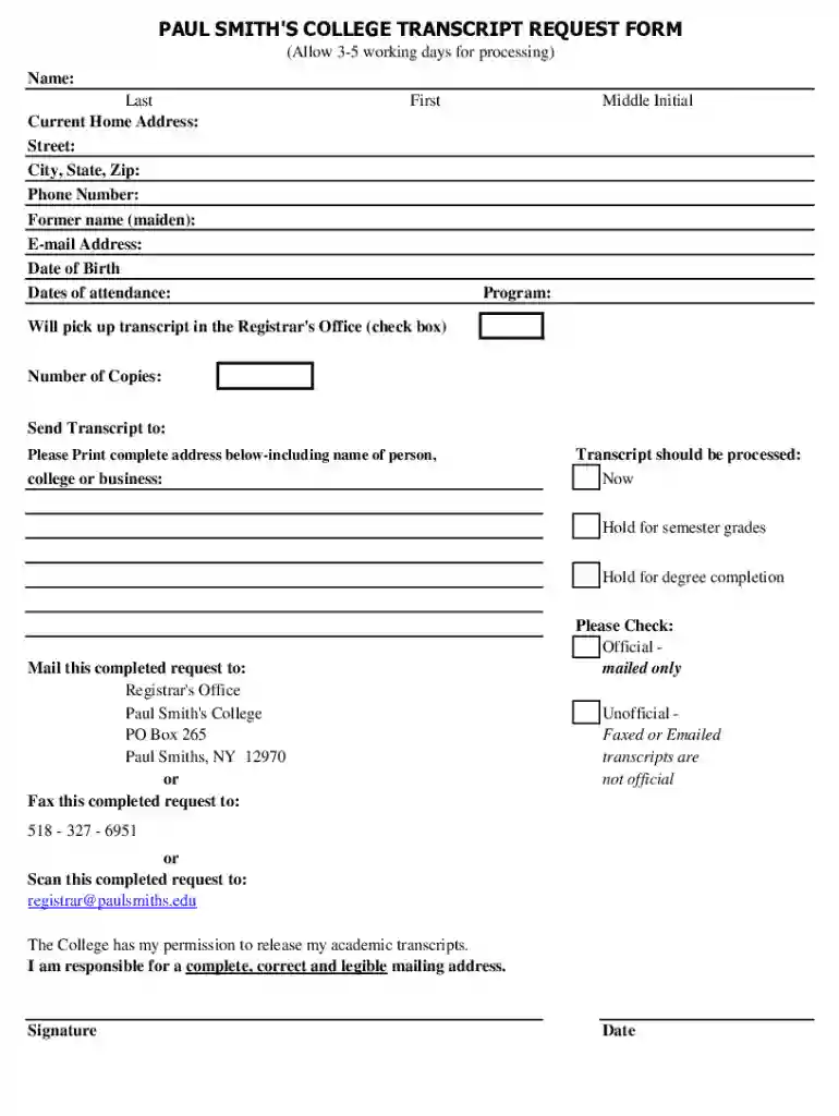 PAUL SMITH'S COLLEGE TRANSCRIPT REQUEST FORM Preview on Page 1