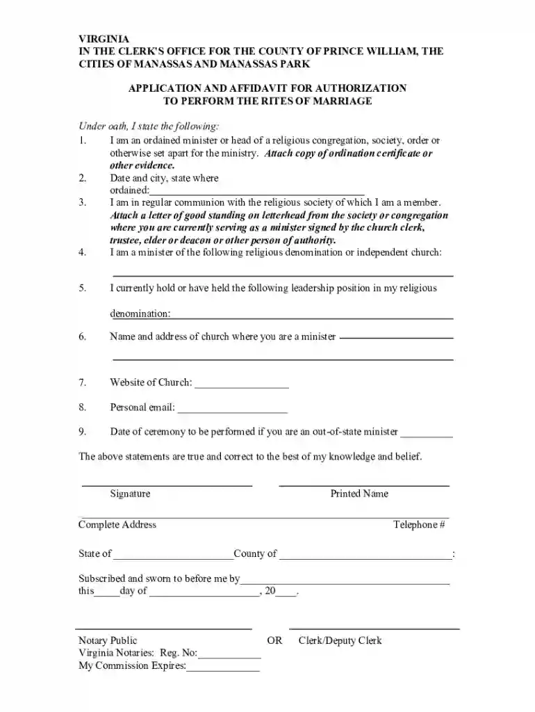 Application for Authorization to Perform the Rites of Marriage Preview on Page 1