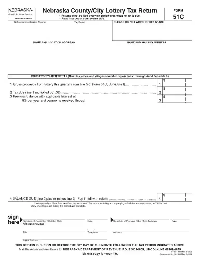 Nebraska County City Lottery Tax Return Form 51C Preview on Page 1