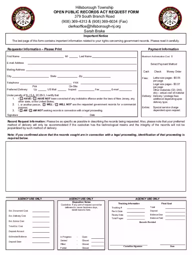 OPRA (Open Public Records Act) Request Form Preview on Page 1