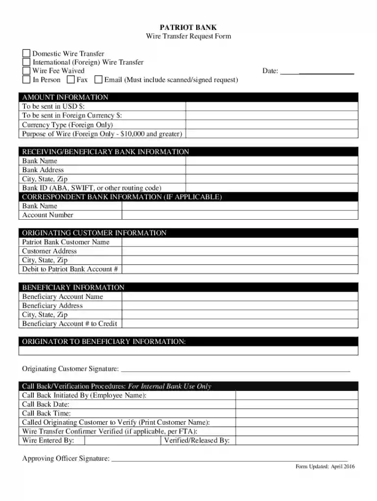 Wire Transfer Request Form 2016 Preview on Page 1