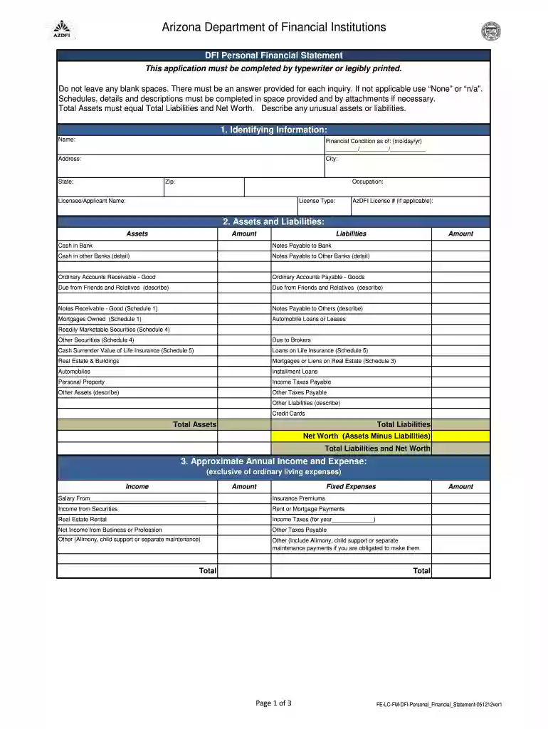 arizona personal financial statement Preview on Page 1