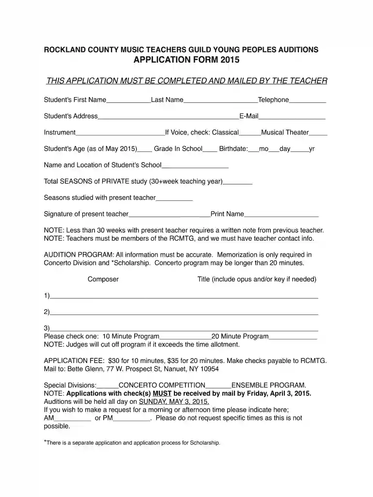 Application form for RCMTG Auditions - rcmtg Preview on Page 1