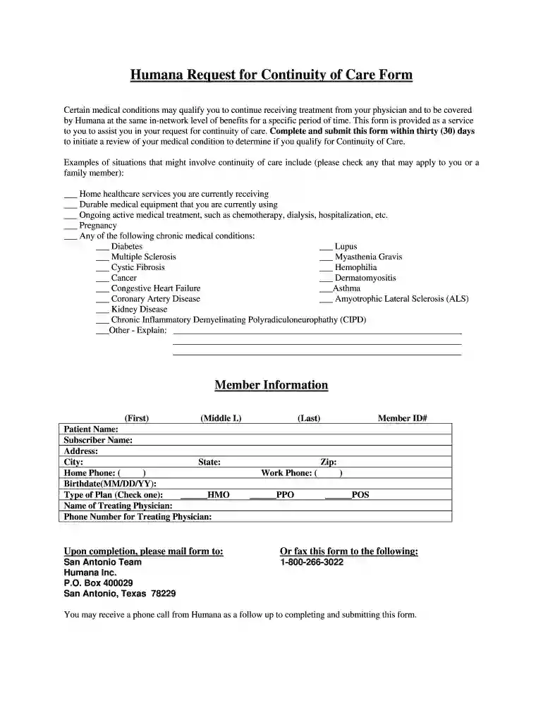humana continuity of care form Preview on Page 1