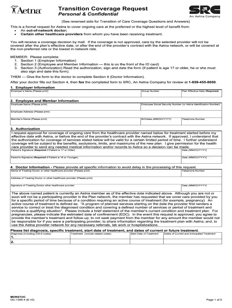 aetna continuity of care form Preview on Page 1