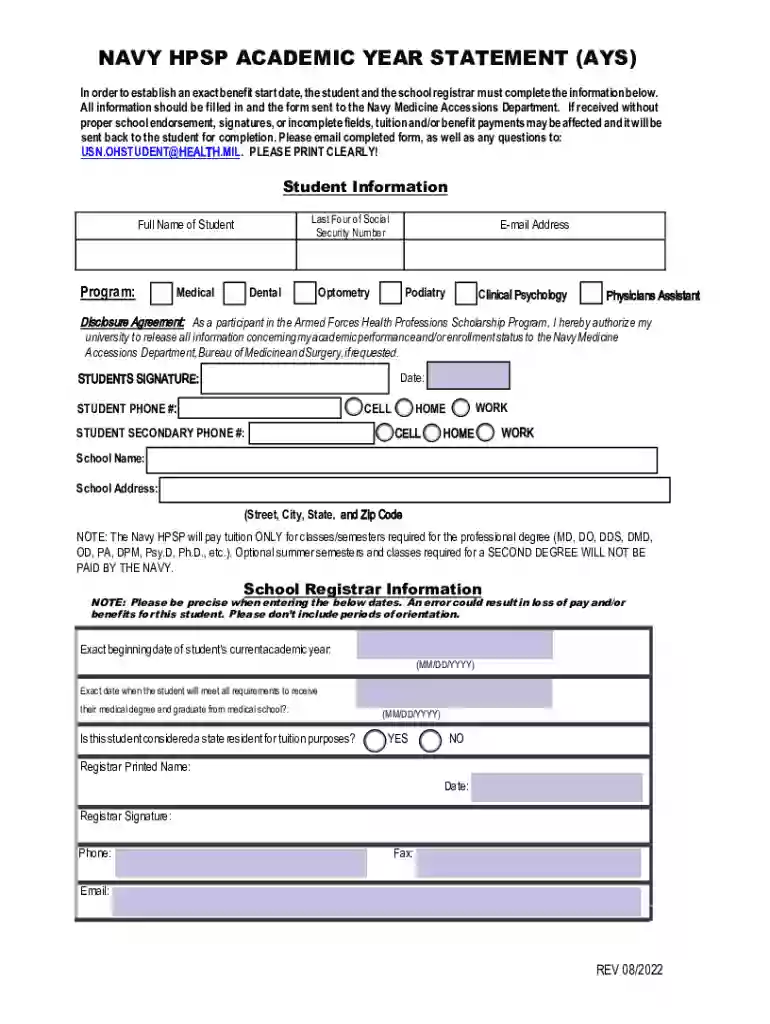 2020-2024 Form NAVY HPSP - Academic Year Statement (AYS) Preview on Page 1