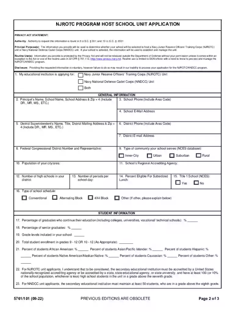 NJROTC Program Host School Application Preview on Page 1