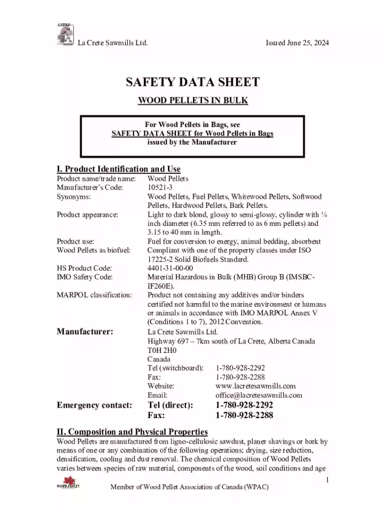 Safety Data Sheet - WOOD PELLETS IN BULK Preview on Page 1
