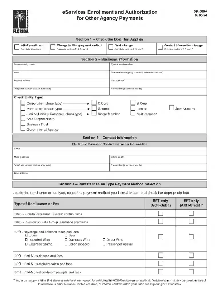 Florida DR-600A eServices Enrollment Form Preview on Page 1