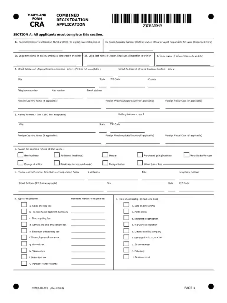 Maryland Form CRA Combined Registration Application Preview on Page 1