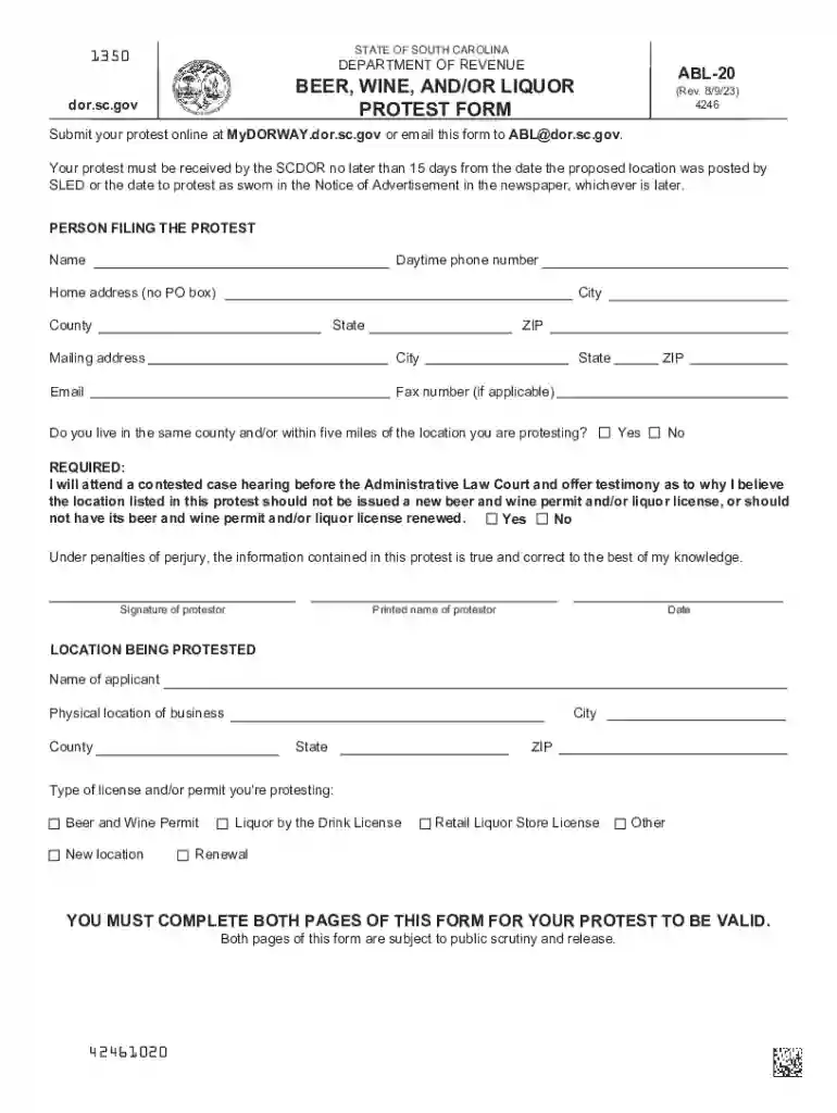 South Carolina ABL-20 Protest Form Preview on Page 1