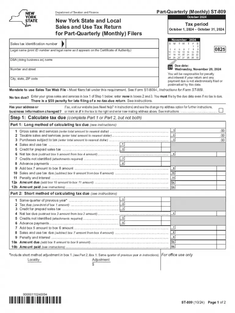 Form ST-809 New York State and Local Sales and Use Tax Return for Part-Quarterly (Monthly) Filers Re Preview on Page 1