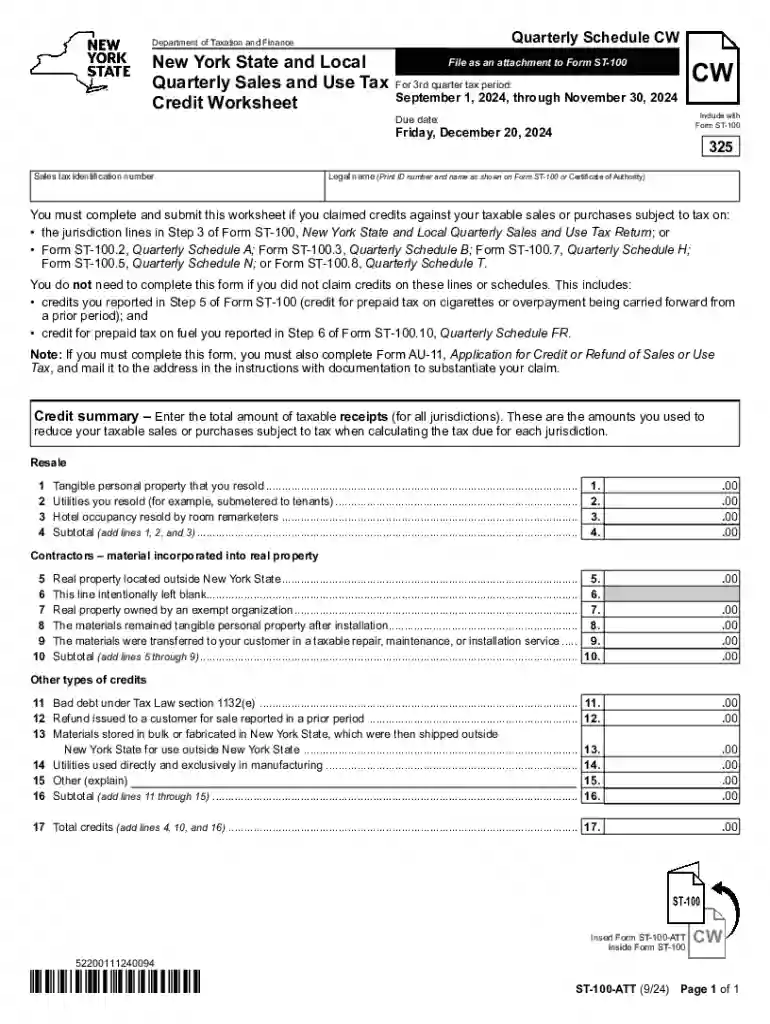 Form ST-100-ATT New York State and Local Quarterly Sales and Use Tax Credit Worksheet Revised 9 24 Preview on Page 1