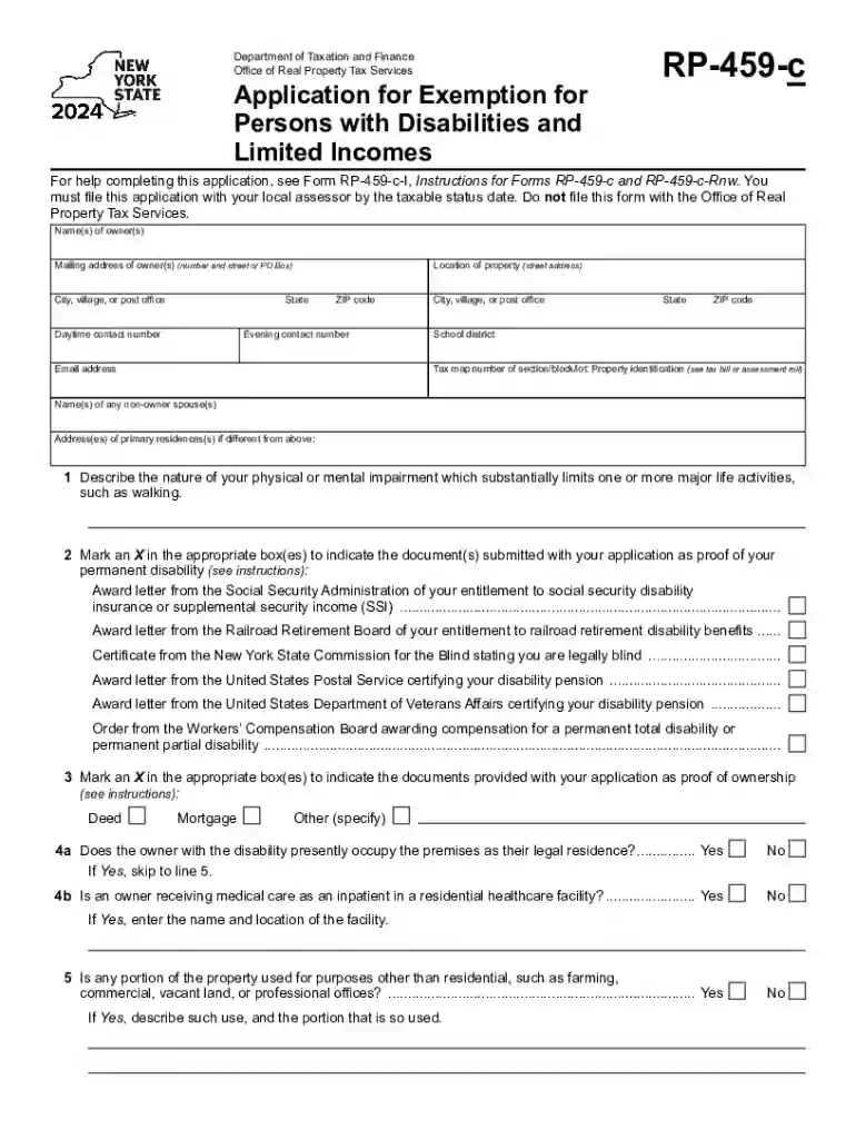 Form RP-459-c Application for Partial Tax Exemption for Real Property of Persons with Disabilities a Preview on Page 1