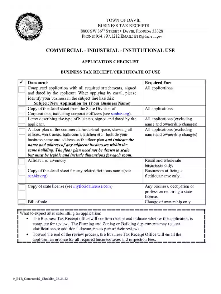 Town of Davie Business Tax Receipt Certificate of Use Preview on Page 1