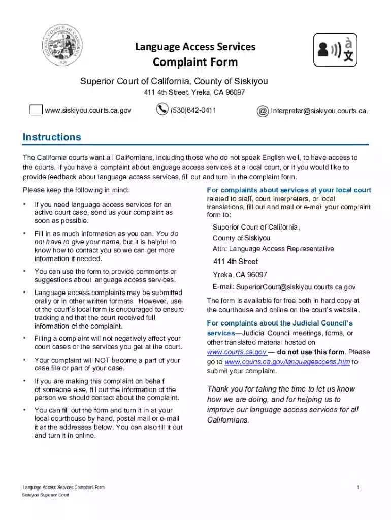 Complaint Form - Siskiyou County Superior Court Preview on Page 1