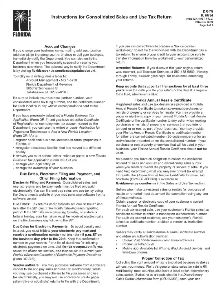Florida DR-7N Sales and Use Tax Return Instructions Preview on Page 1