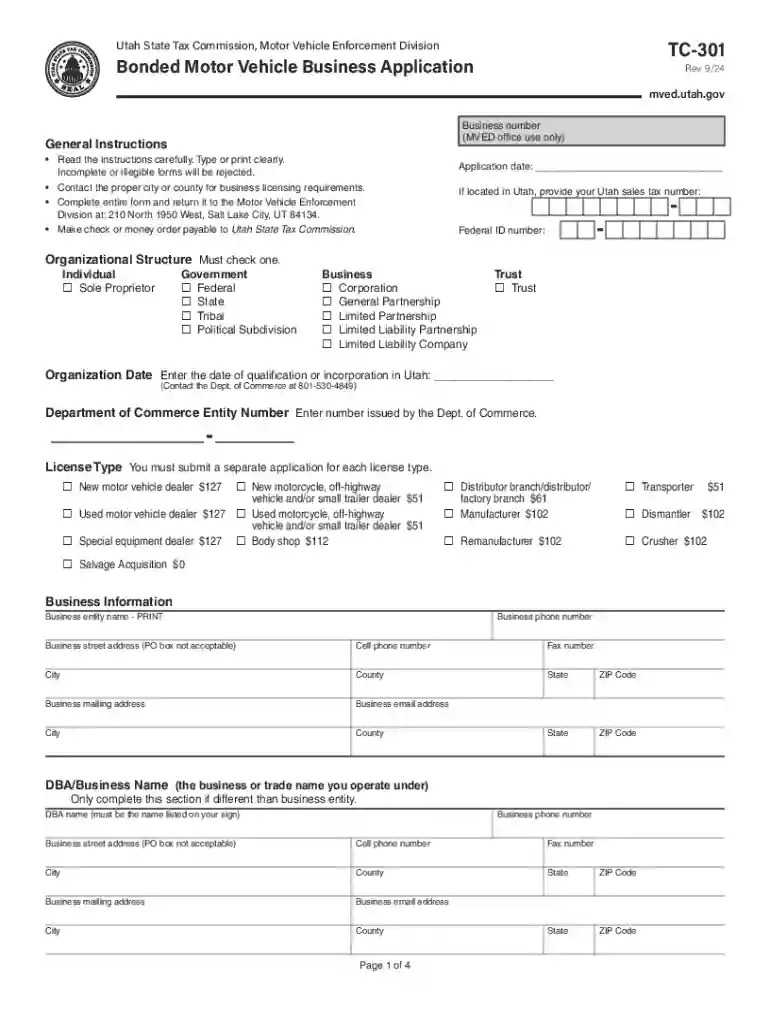 TC-301 Bonded Motor Vehicle Business Application Forms and Publications Preview on Page 1