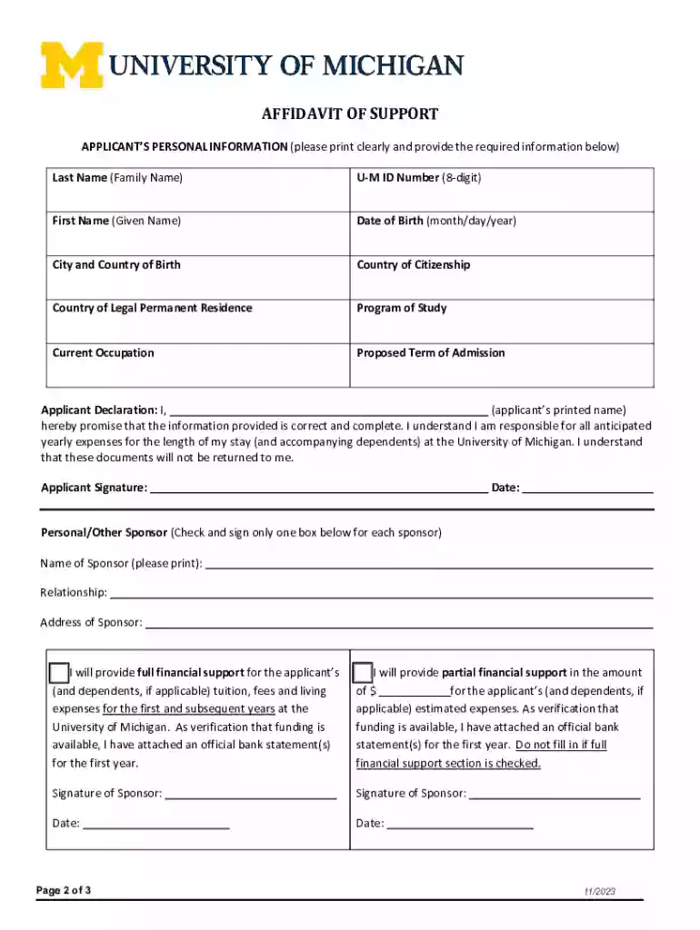 University of Michigan Affidavit of Financial Support Preview on Page 1