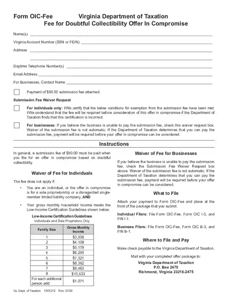 Virginia Doubtful Collectibility Offer In Compromise Form Preview on Page 1