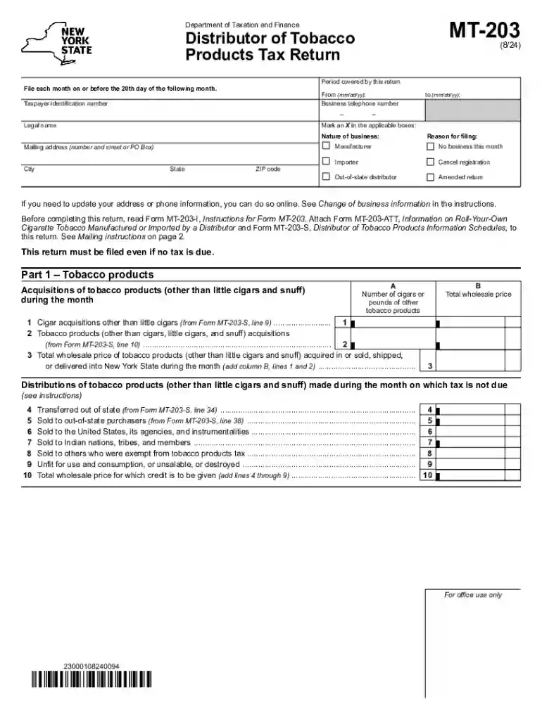 Form MT-203 Distributor of Tobacco Products Tax Return Revised 8 24 Preview on Page 1