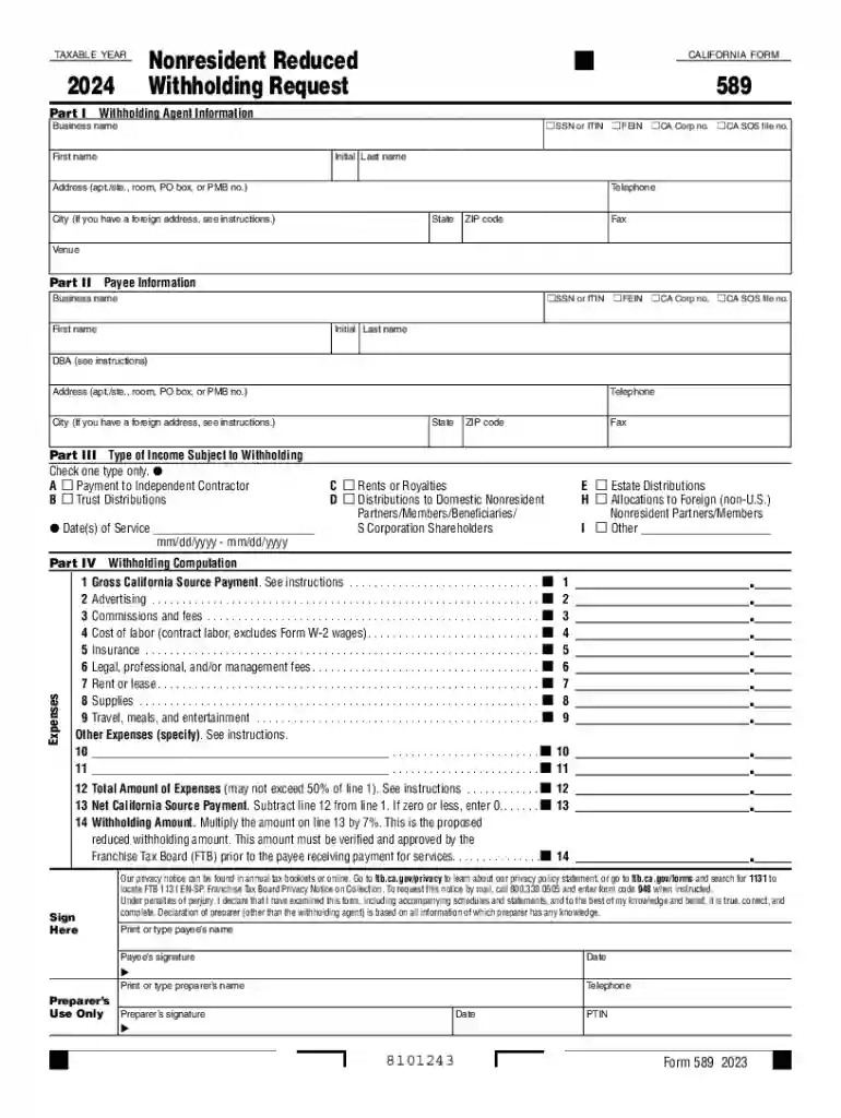 2024 California Form 589 Nonresident Reduced Withholding Request Preview on Page 1
