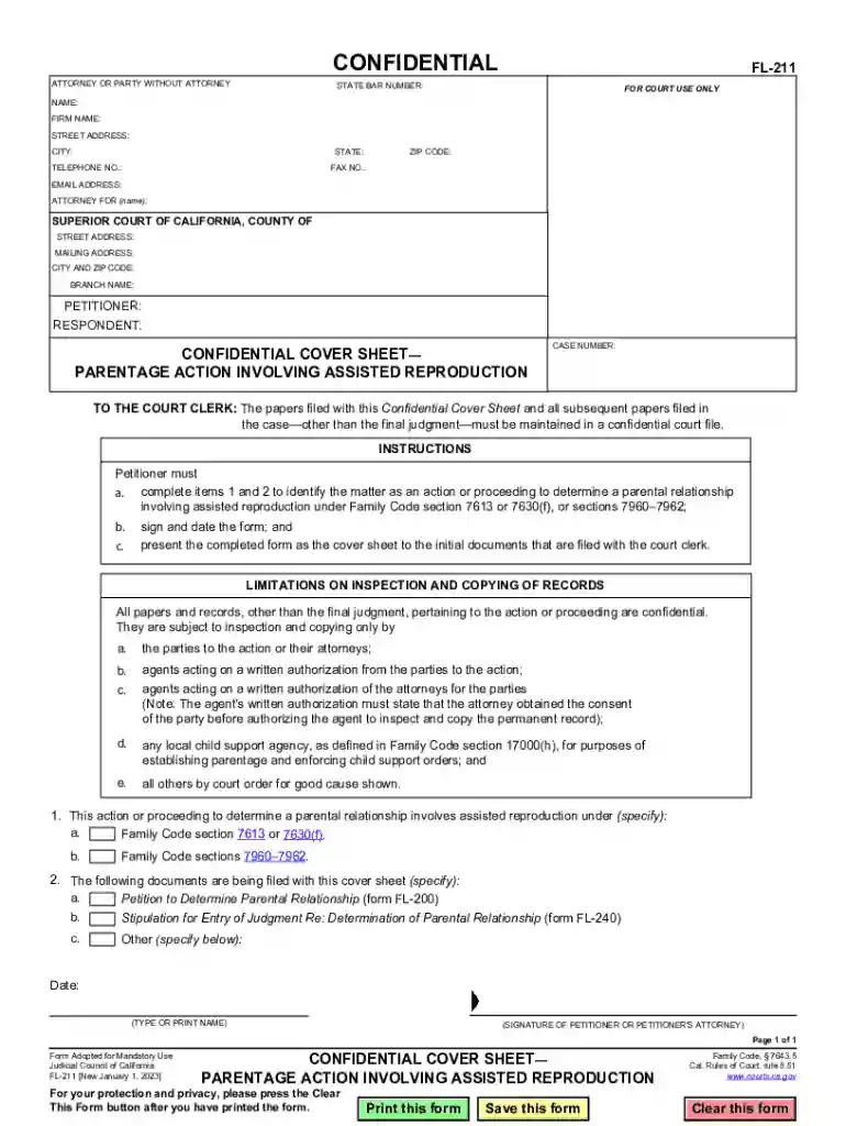 FL-211 CONFIDENTIAL COVER SHEET PARENTAGE ACTION Preview on Page 1