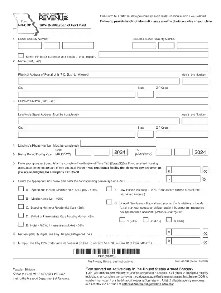 missouri rent rebate form 2024 Preview on Page 1