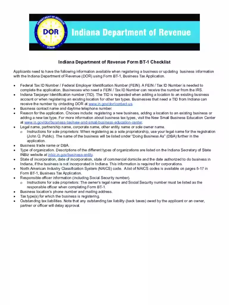 Indiana Department of Revenue - Business Tax Application Preview on Page 1